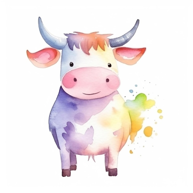 Watercolor painting of a cow with a rainbow colored tail.