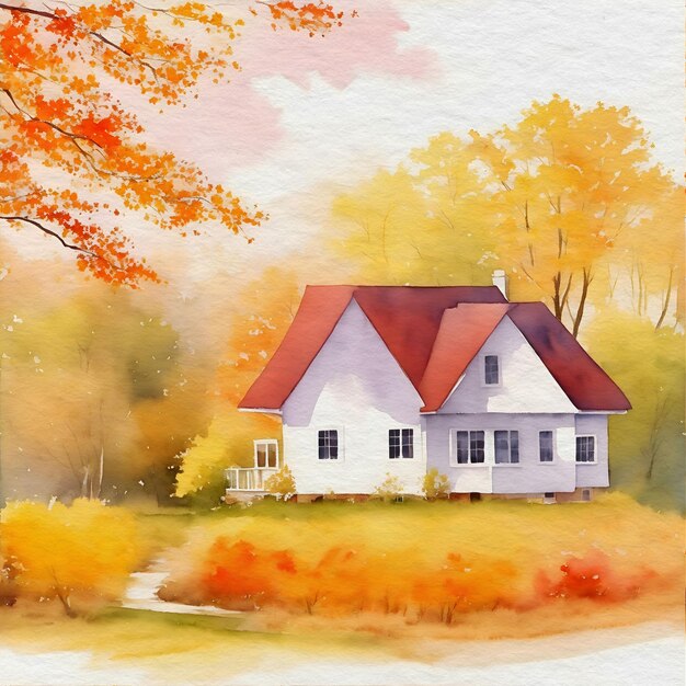 Watercolor Painting of a Cozy House in the Woods