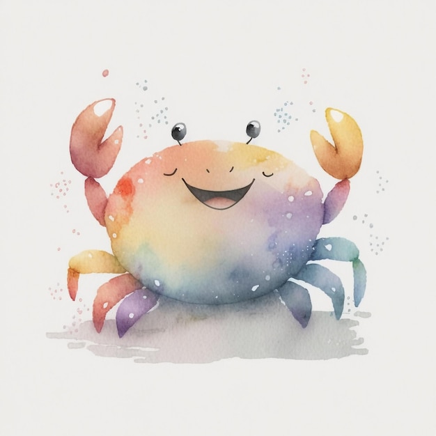 A watercolor painting of a crab with a face and a smile on it.