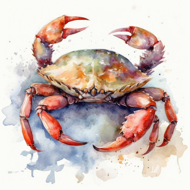A watercolor painting of a crab with a red tail.