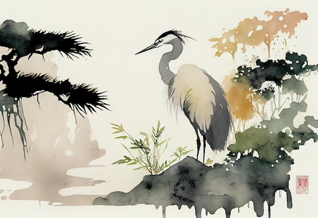 A watercolor painting of a crane and a tree