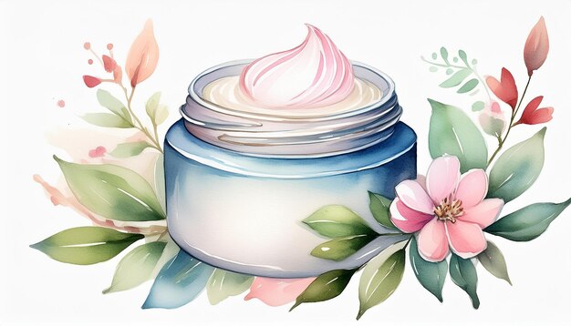 Photo watercolor painting of cream jar natural cosmetics for face or body cute hand drawn illustration