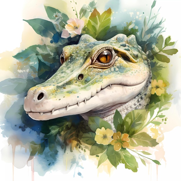 A watercolor painting of a crocodile with a yellow eye.