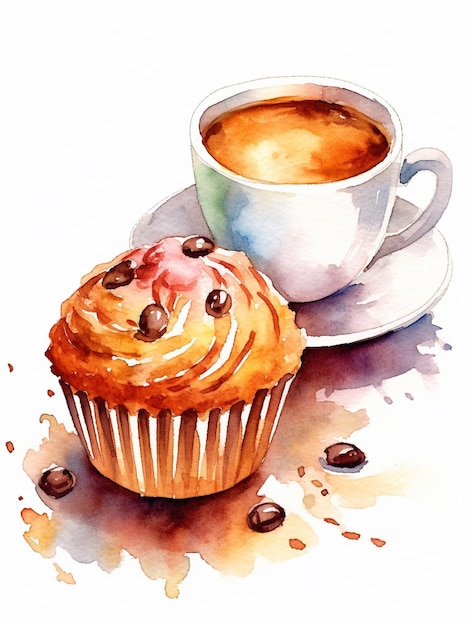 Watercolor painting of a cup of coffee and a muffin