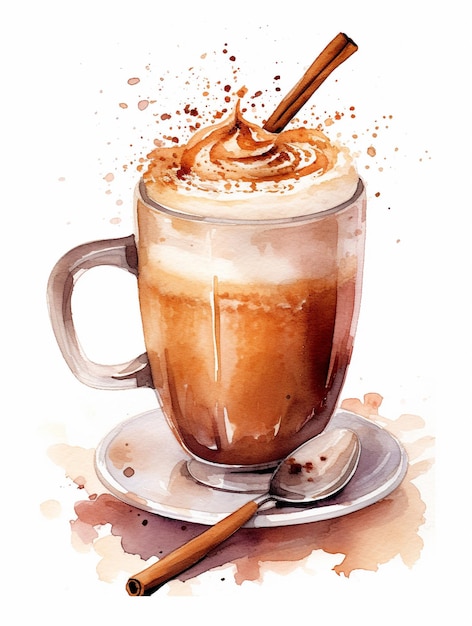 A watercolor painting of a cup of coffee with a spoon and a brown liquid.