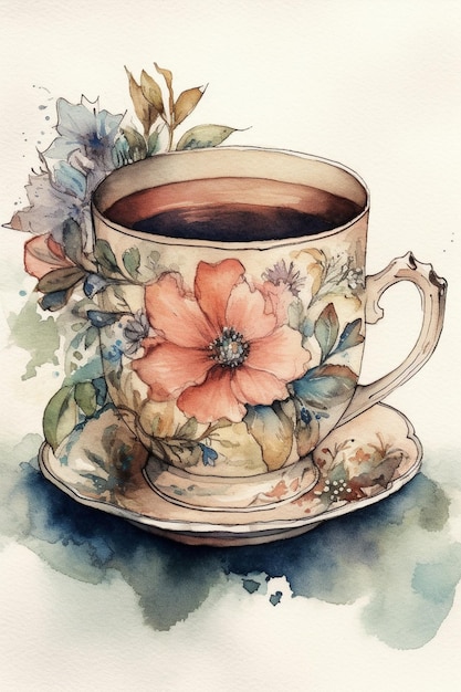 A watercolor painting of a cup of tea with a flower on it.