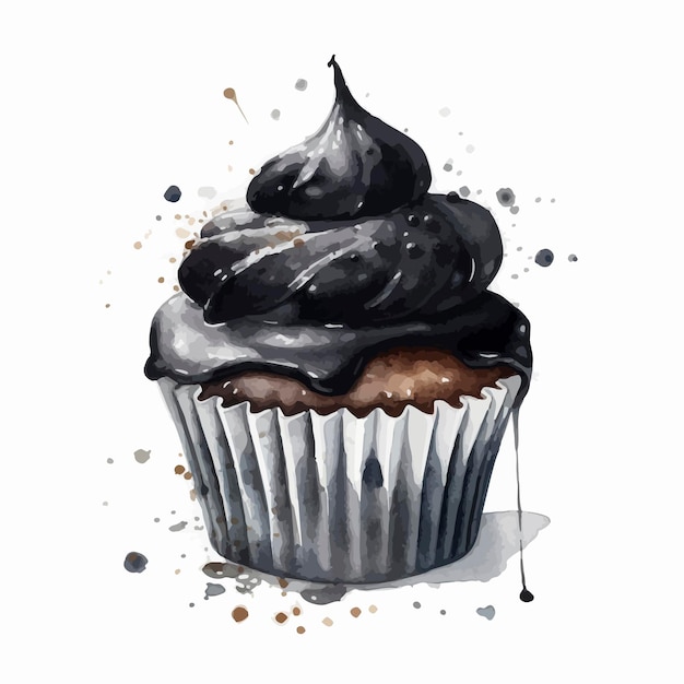 A watercolor painting of a cupcake with black icing