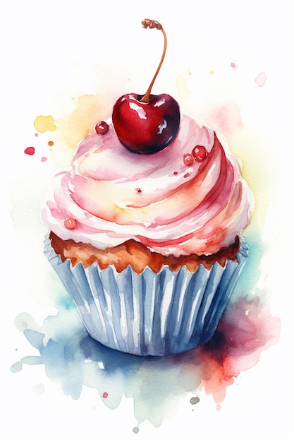 Watercolor painting of a cupcake with a cherry on top