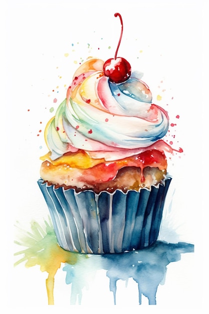 Watercolor painting of a cupcake with a cherry on top