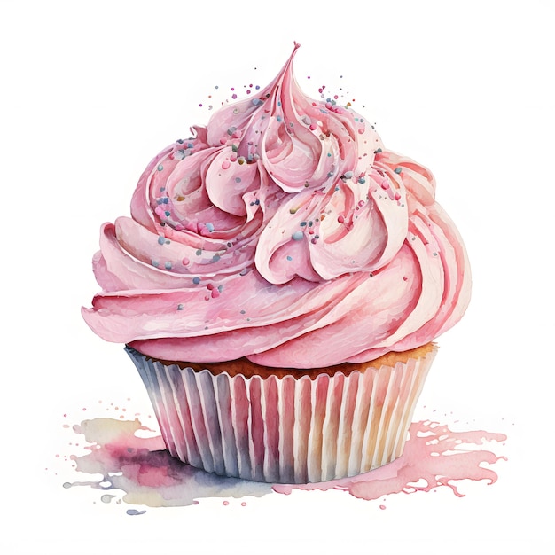 A watercolor painting of a cupcake with pink frosting and sprinkles