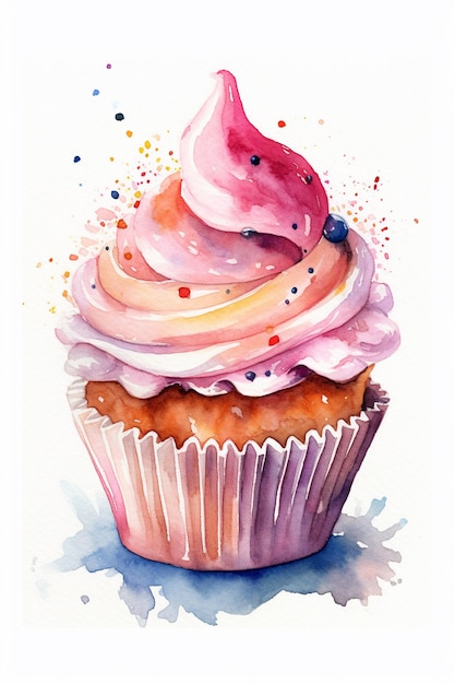 Watercolor painting of a cupcake with a pink icing.