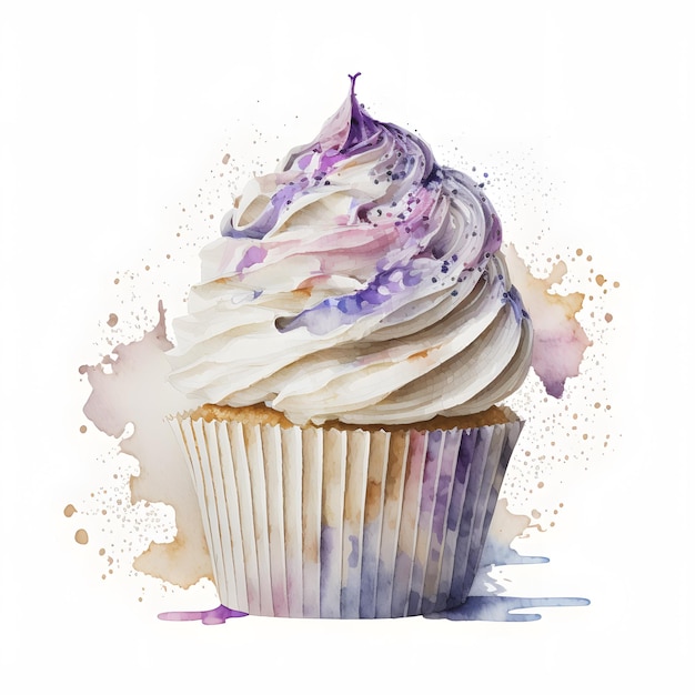 A watercolor painting of a cupcake with white frosting and purple icing