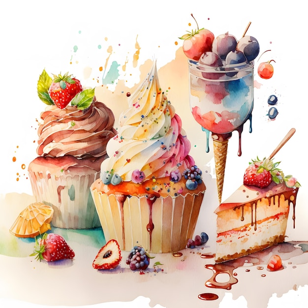 A watercolor painting of cupcakes and a cake with berries
