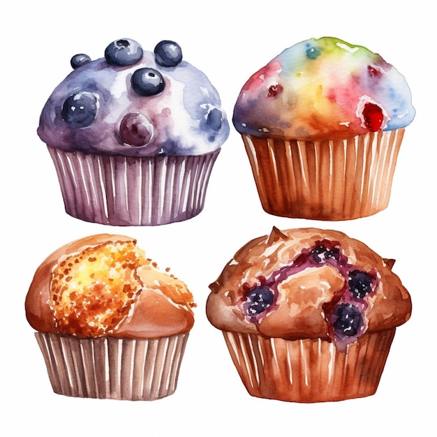 A watercolor painting of cupcakes with blueberries and blueberries.