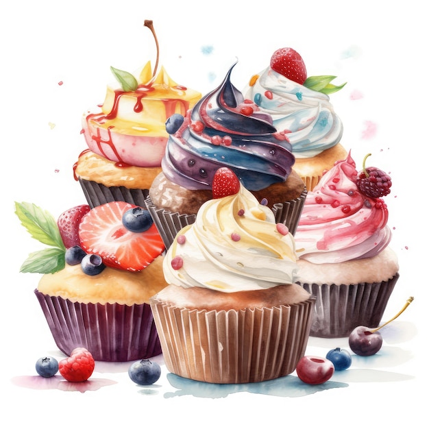 A watercolor painting of cupcakes with different flavors.