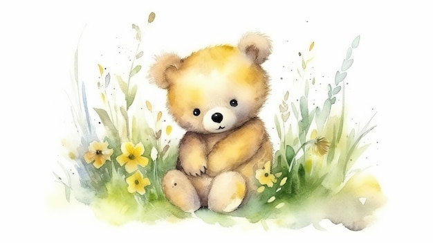 귀여운 아기 곰의 수채화 그림