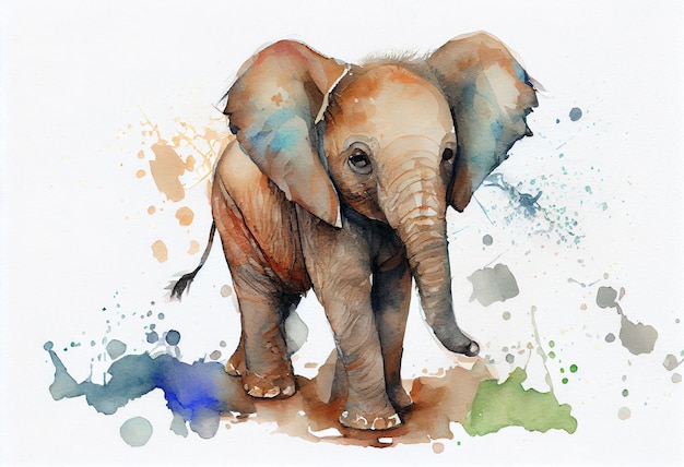 Watercolor painting of a cute baby elephant Generative AI