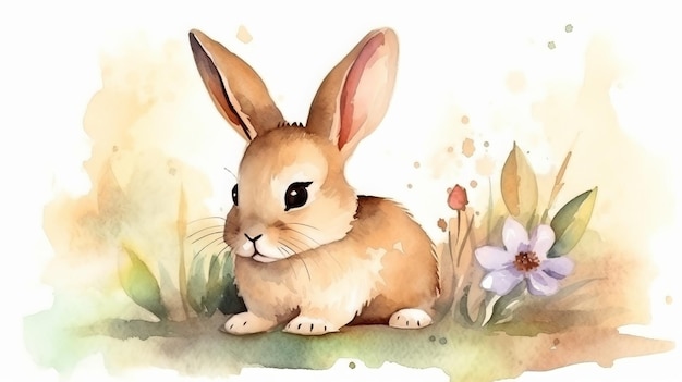 Watercolor painting of a cute baby rabbit