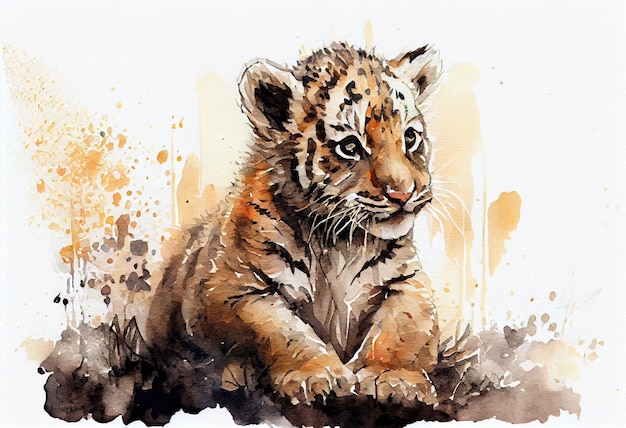 Watercolor painting of a cute baby tiger Generative AI