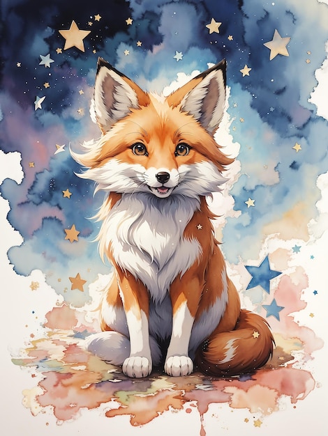 Watercolor painting of a cute cartoon fox and surrounded by small stars