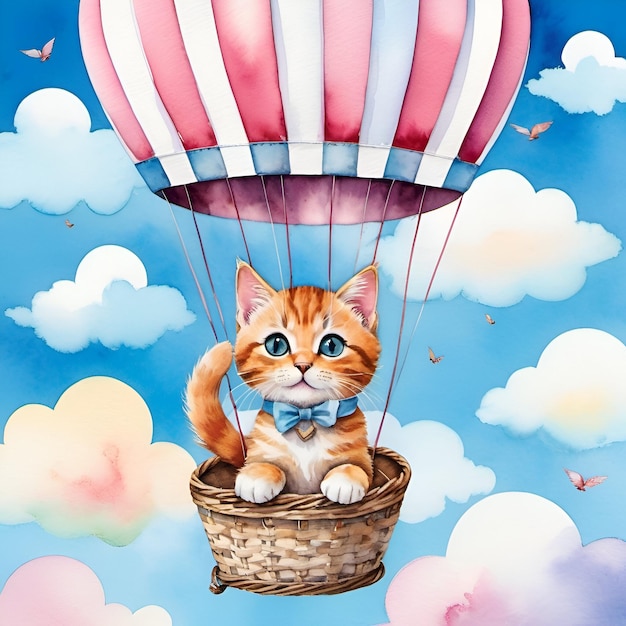 Watercolor painting of a cute cat flying in an air ballon