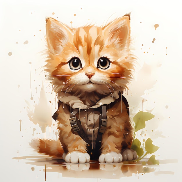 Watercolor and painting cute cat isolated on white background.