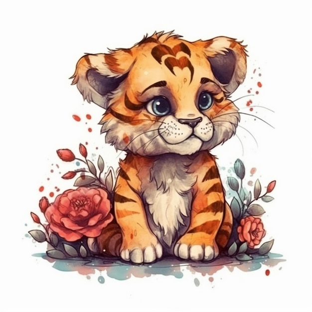 Watercolor painting of cute Chibi Tiger