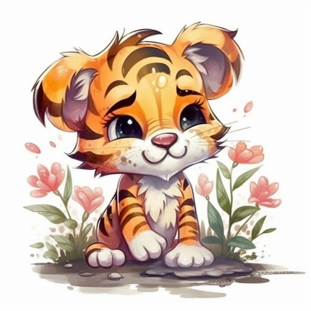 Watercolor painting of cute Chibi Tiger