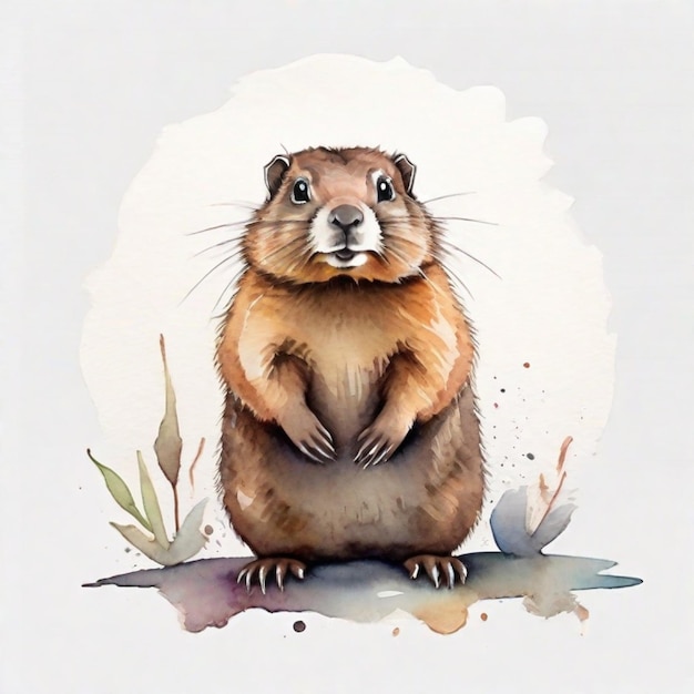 A watercolor painting of a cute groundhog