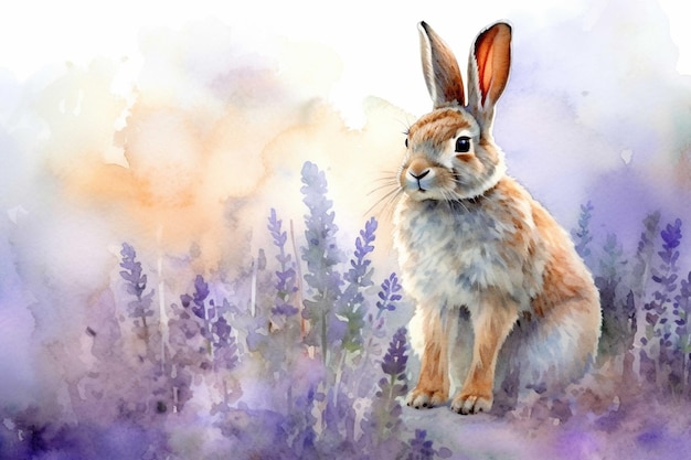 Watercolor painting of a cute hare sitting on lavender background