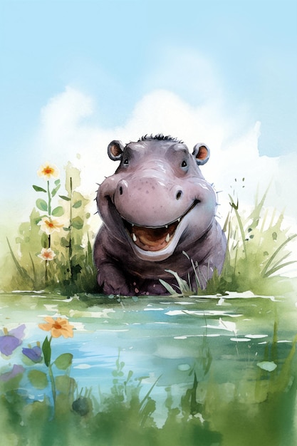 Photo watercolor painting of cute hippo smiling high quality illustration for kid