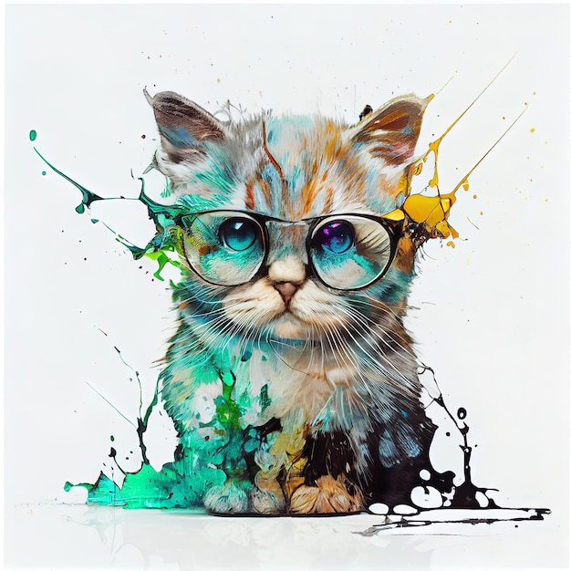 watercolor painting cute kitten with glasses