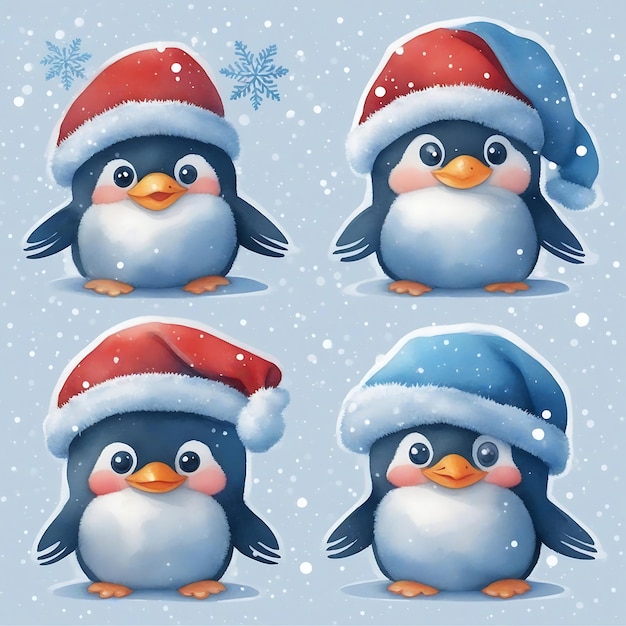 Watercolor Painting of Cute Penguins with Santa Hats