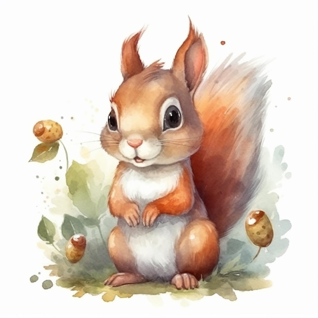 watercolor painting of a cute squirrel isolated on white background