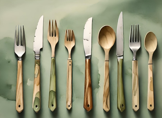 Watercolor painting of a cutlery set in olive green background