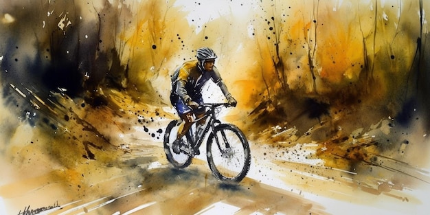 A watercolor painting of a cyclist riding a mountain bike.