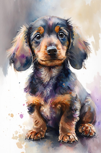 A watercolor painting of a dachshund