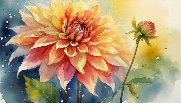 다리아 꽃의 수채화 그림 식물학적 손으로 그린 예술 아름다운 꽃 구성