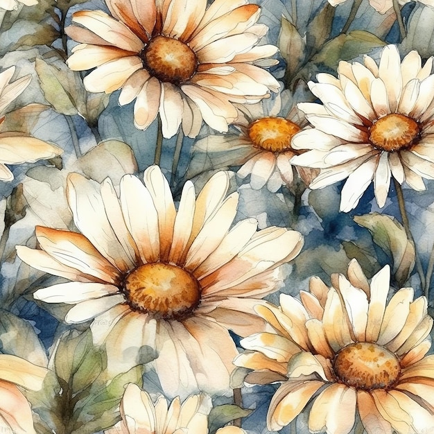 A watercolor painting of daisies on a blue background.