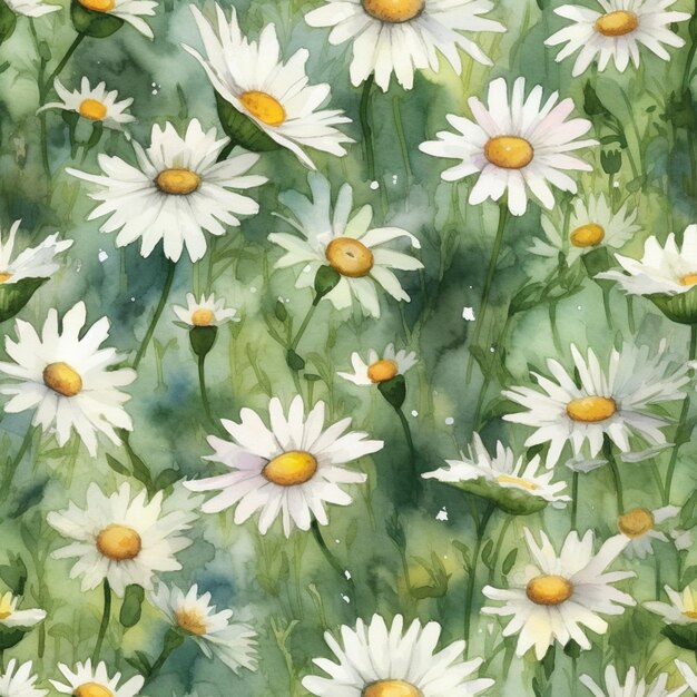 A watercolor painting of daisies in a field.