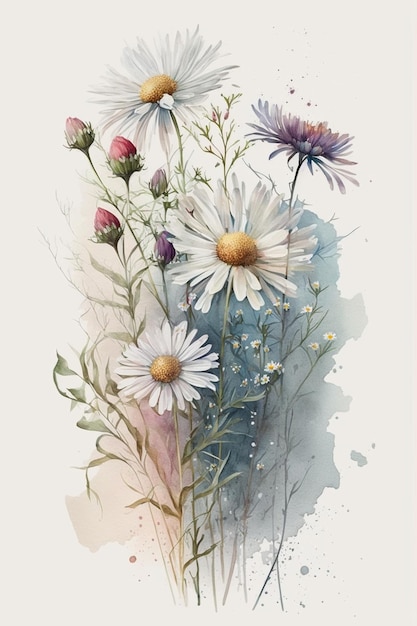 A watercolor painting of daisies and flowers.