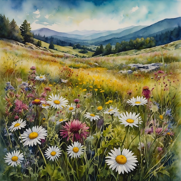 Watercolor painting of daisies in a valley