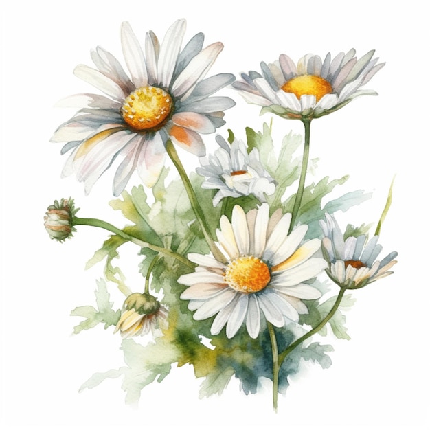 A watercolor painting of daisies with the word daisy on it.