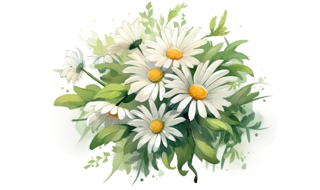 흰 종이에 데이지의 수채화 꽃 그림 꽃다발