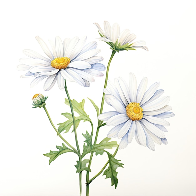 Watercolor painting of daisy with white background