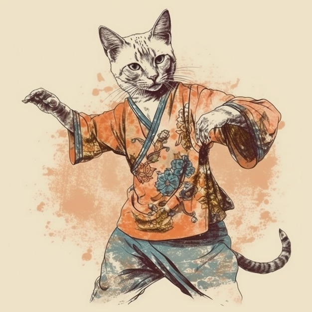 Watercolor painting of a dancing cat