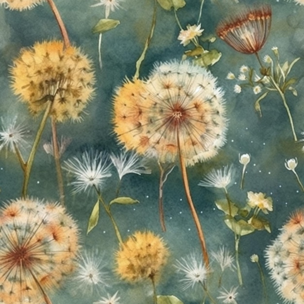 A watercolor painting of dandelions with white flowers on a blue background.