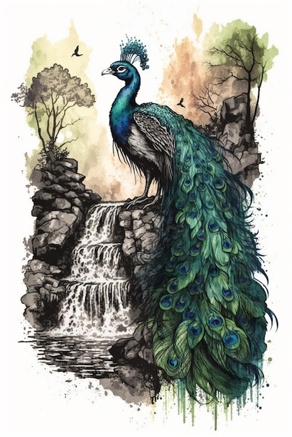 Watercolor painting of a dashing peacock