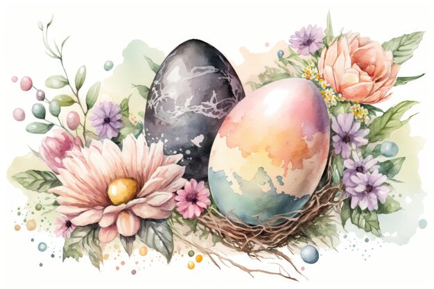 Watercolor painting of decorated easter eggs in a nest with flowers