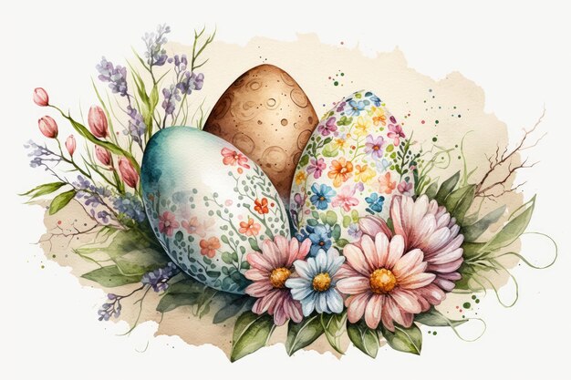 Watercolor painting of decorated easter eggs with spring flowers isolated on white background